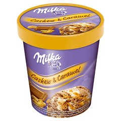 Milka Cashew & Caramel Lody czekoladowe i lody o smaku waniliowym z sosem karmelowym
