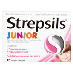 Strepsils Junior Pastylki truskawkowe bez cukru 12 sztuki