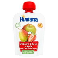 Humana 100% Organic Mus jabłko-gruszka-truskawka po 8 miesiącu
