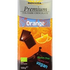 Bonvita Czekolada premium gorzka 71% z kawałkami pomarańczy bez laktozy, bezglutenowa (na napoju ryżowym) bio 