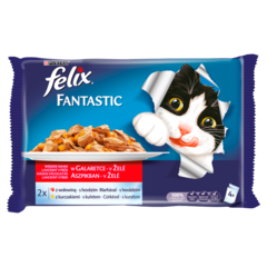 Felix Fantastic Karma dla kotów wybór mięs w galaretce z wołowiną i kurczakiem 400 g (4 x 100 g)