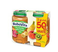 Bobovita Brzoskwinie, jabłka, banany i kiwi po 6 miesiącu 190g 1+1 50% GRATIS