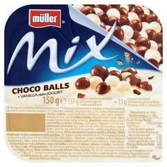 Muller Mix Jogurt o smaku waniliowym z kulkami ryżowymi w mlecznej i białej czekoladzie