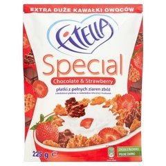 Fitella Special Płatki z pełnych ziaren zbóż z dodatkiem płatków w czekoladzie i truskawek